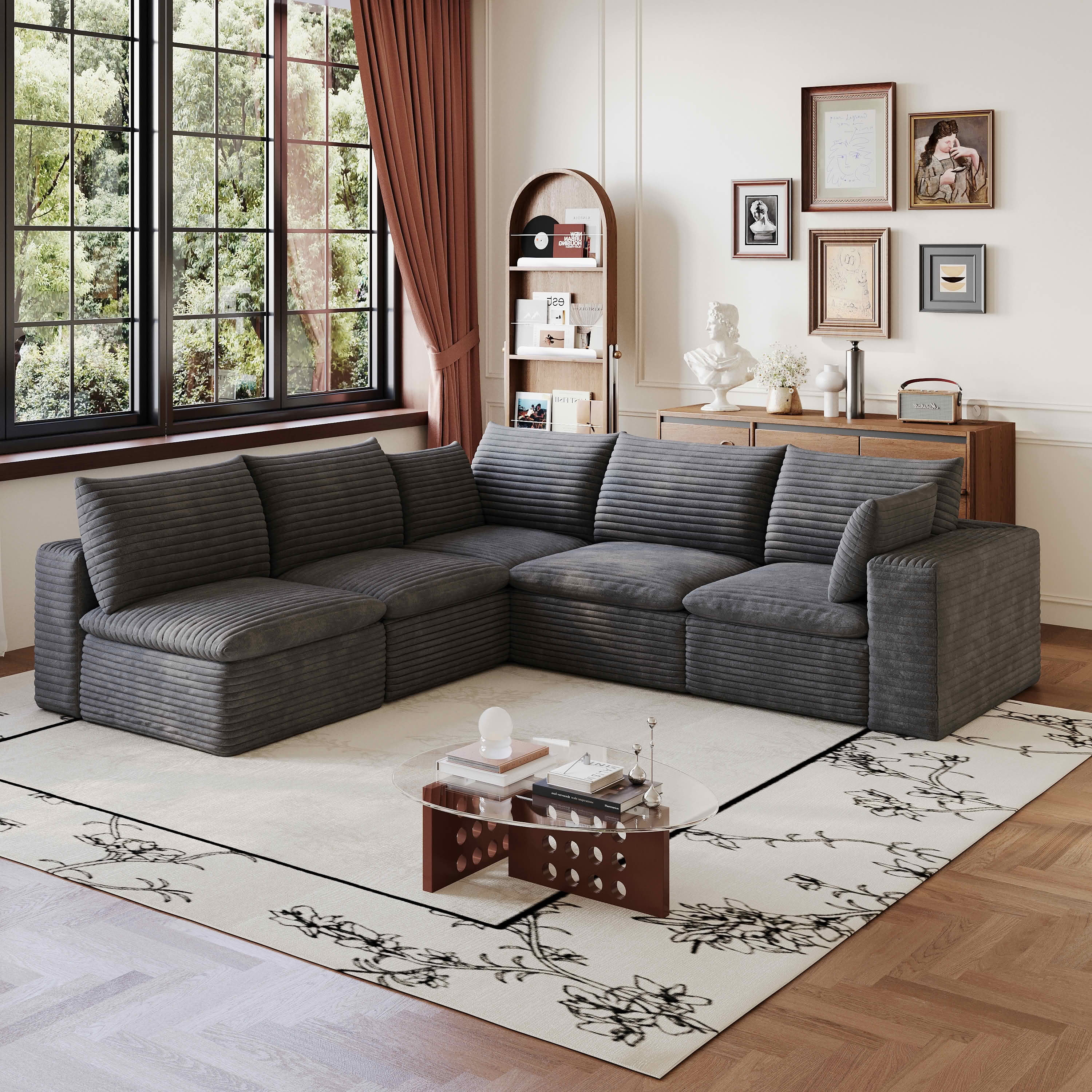 MAYEERTY 98.5"x 102.4" L‑Shaped Cloud Modular Sofa, Corduroy Deep‑Seat Sectional Couch, Double‑Layer Removable Cushions, No‑Assembly DIY Sponge Sofa for Living Room Bedroom Conference Room Apartment