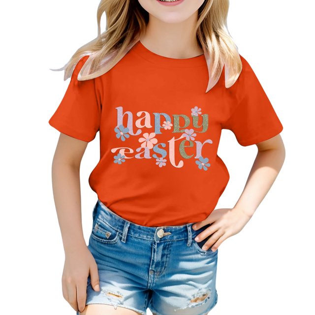 PMVFHDE T-Shirt pour Filles T-Shirts Graphiques Mignons Hauts d'Été pour Filles Enfants Pâques T-Shirt Graphique Mignon Col Rond Manches Courtes T-Shirt Décontracté Orange, 3-4 Ans