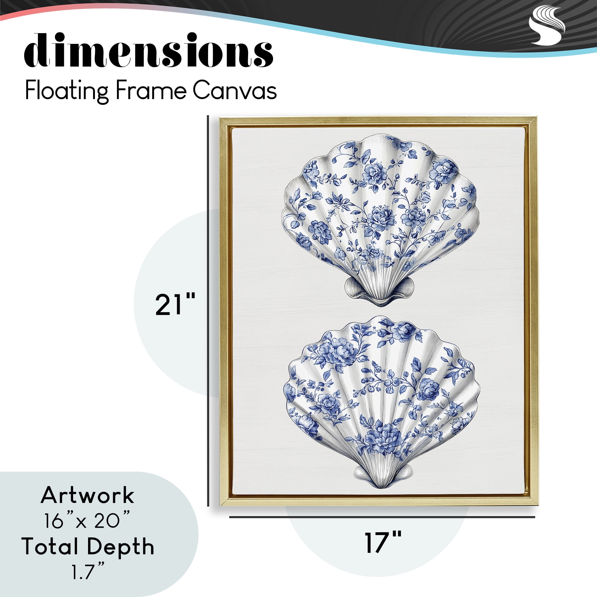 Delicate Toile Seashells Gold Framed Floater Canvas Wall Art, design by Lettered and Lined