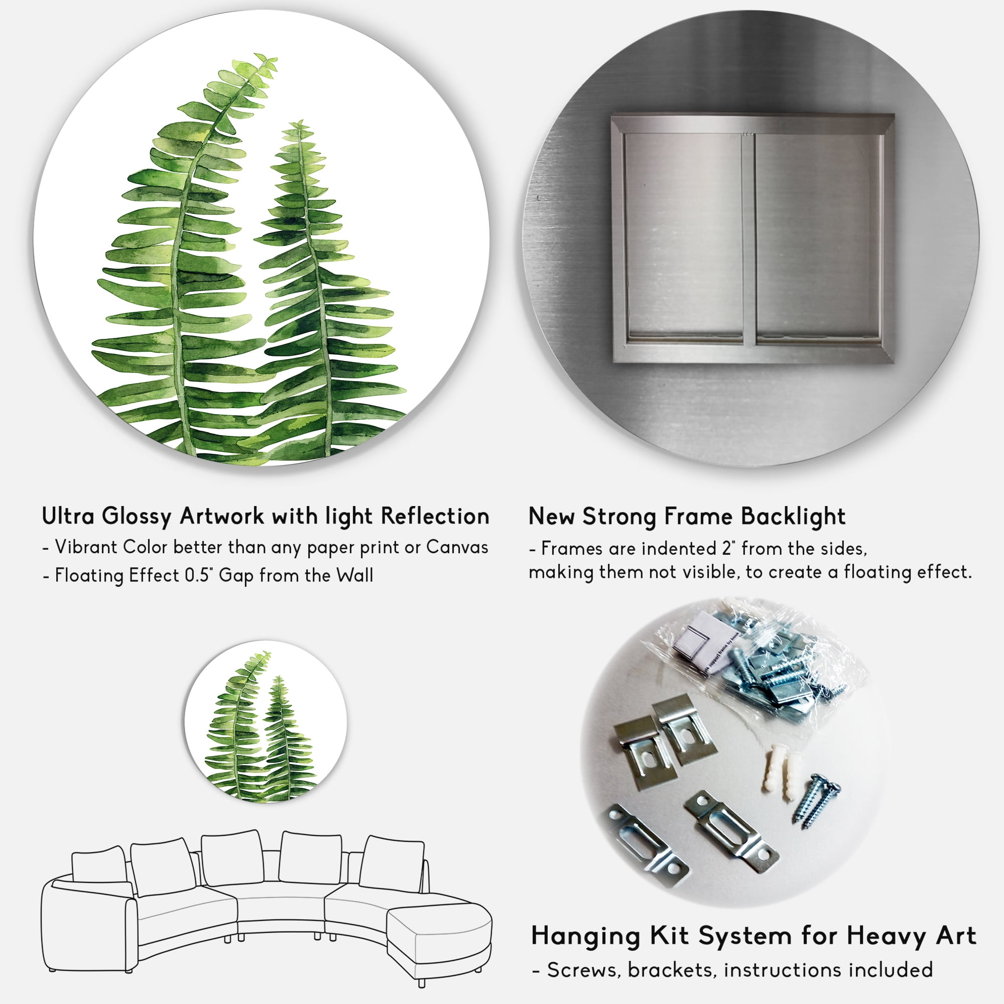 Designart 'Fern Plant Leaves Detail IV' Farmhouse Circle Metal Wall Art 23x23 - Disc of 23
