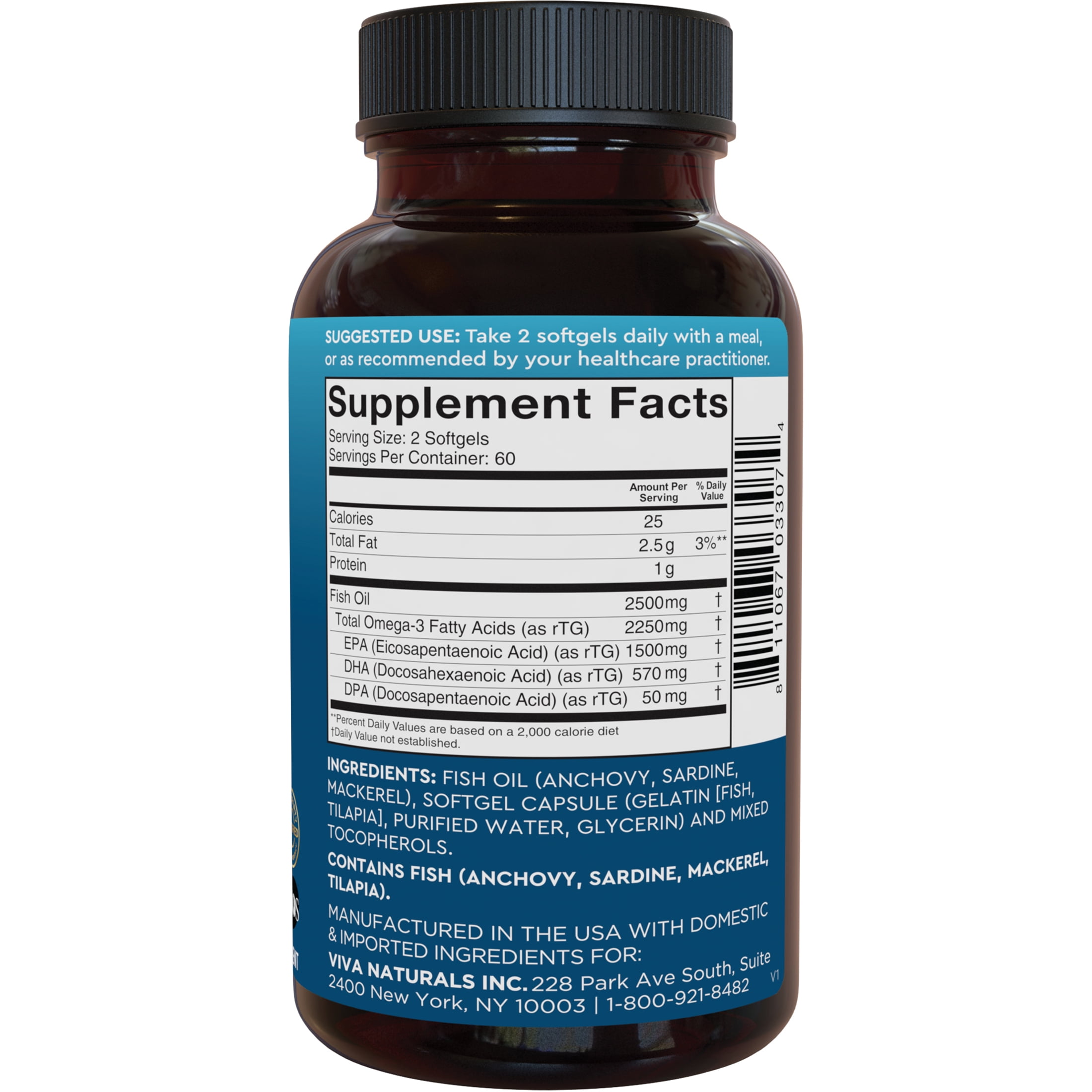 Viva Naturals Triple-Strength Omega-3 Fish Oil Supplement, 2500 mg, 120 Pescatarian-Friendly Softgels- Provides EPA & DHA, Supports Heart and Brain Health *