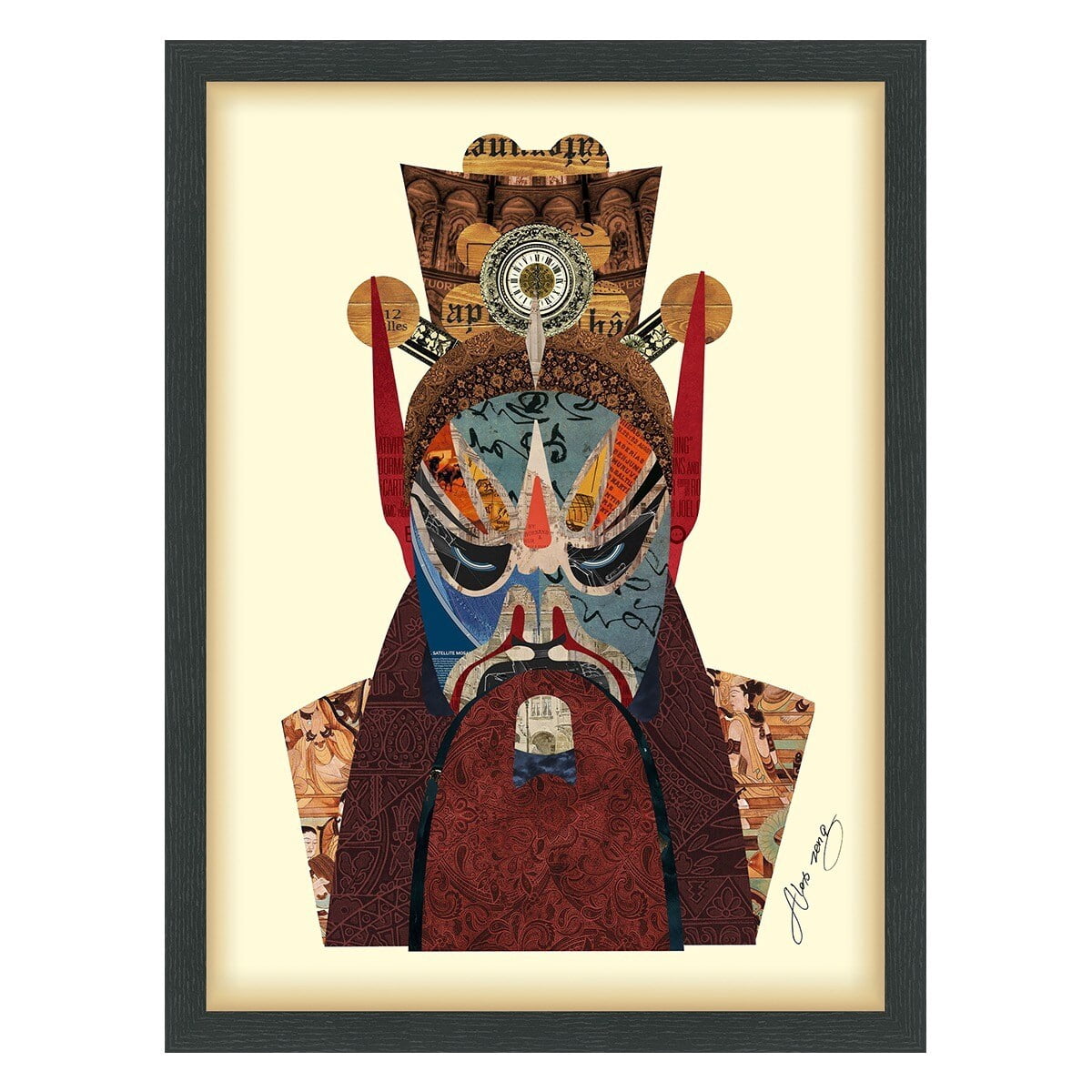 Empire Art Direct Beijing Opera Mask #2 Dimensional Collage Framed Graphic Art Under Glass Wall Art, 25" x 19" x 1.4", Ready to Hang