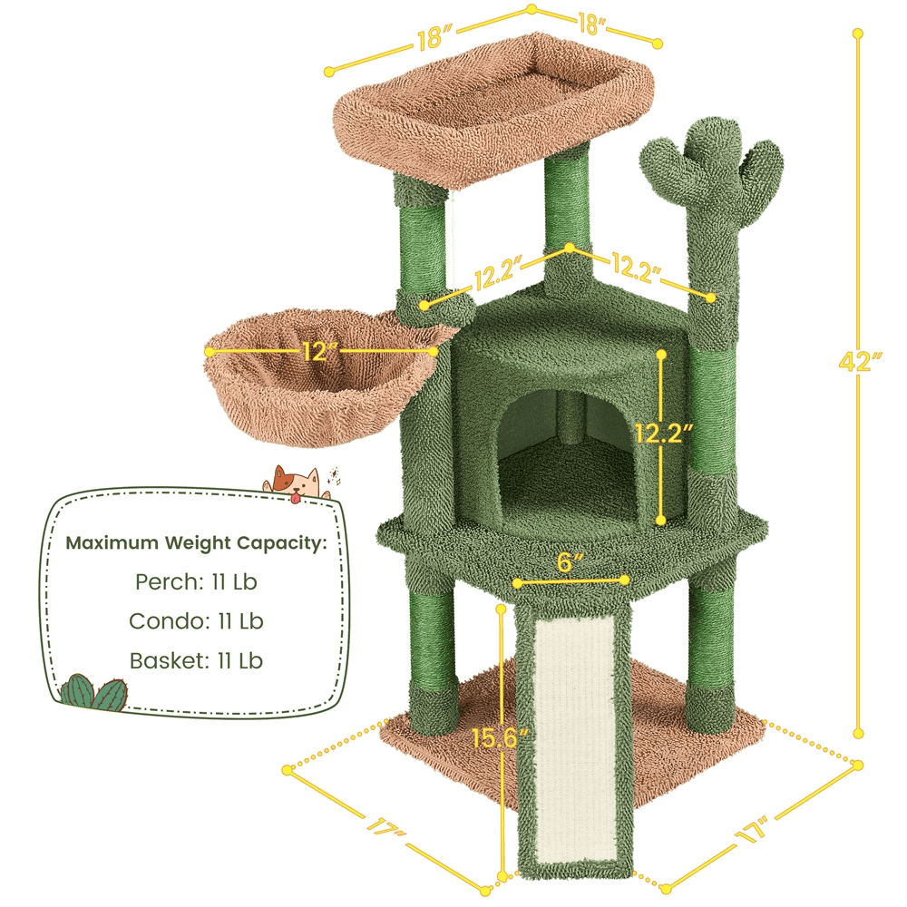 Alden Design 42" H Cactus Cat Tree Tower with Natural Sisal Scratching Posts, Green & Brown