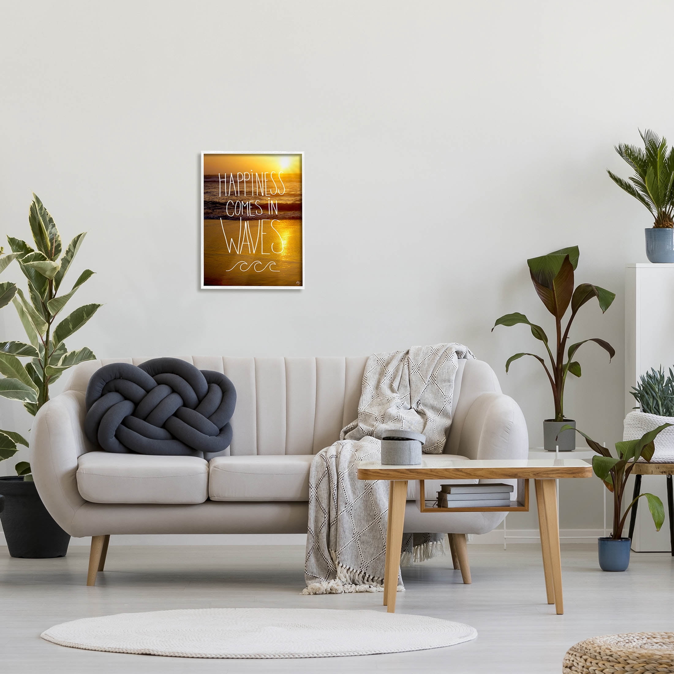 Stupell Industries Happiness Comes In Waves Phrase Graphic Art White Framed Art Print Wall Art, Design by K. Kaufman
