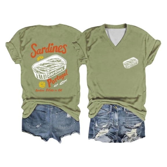 XIAONU Womens Sardine Can Print Portuguese Tee Short Sleeve V Neck Pullover T Shirt Breathable Retro Coastal T-Shirts