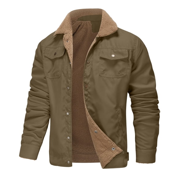 EGNMCR Men's Fleece Jacket Winter Warm Outdoor Fuzzy Lapel Button Puffer Jackets with Pockets Casual Thicken Solid Color Windproof Hiking Mountain Jacket & Coats