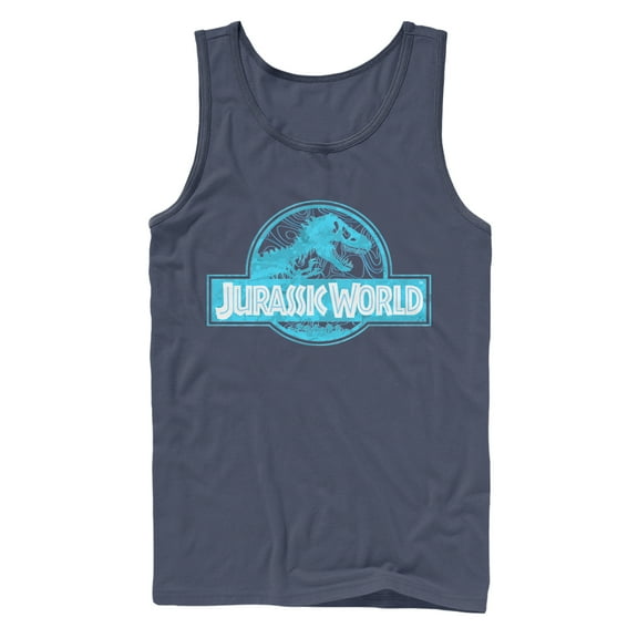Men's Jurassic World T. Rex Topographic Logo Tank Top Navy Blue Large