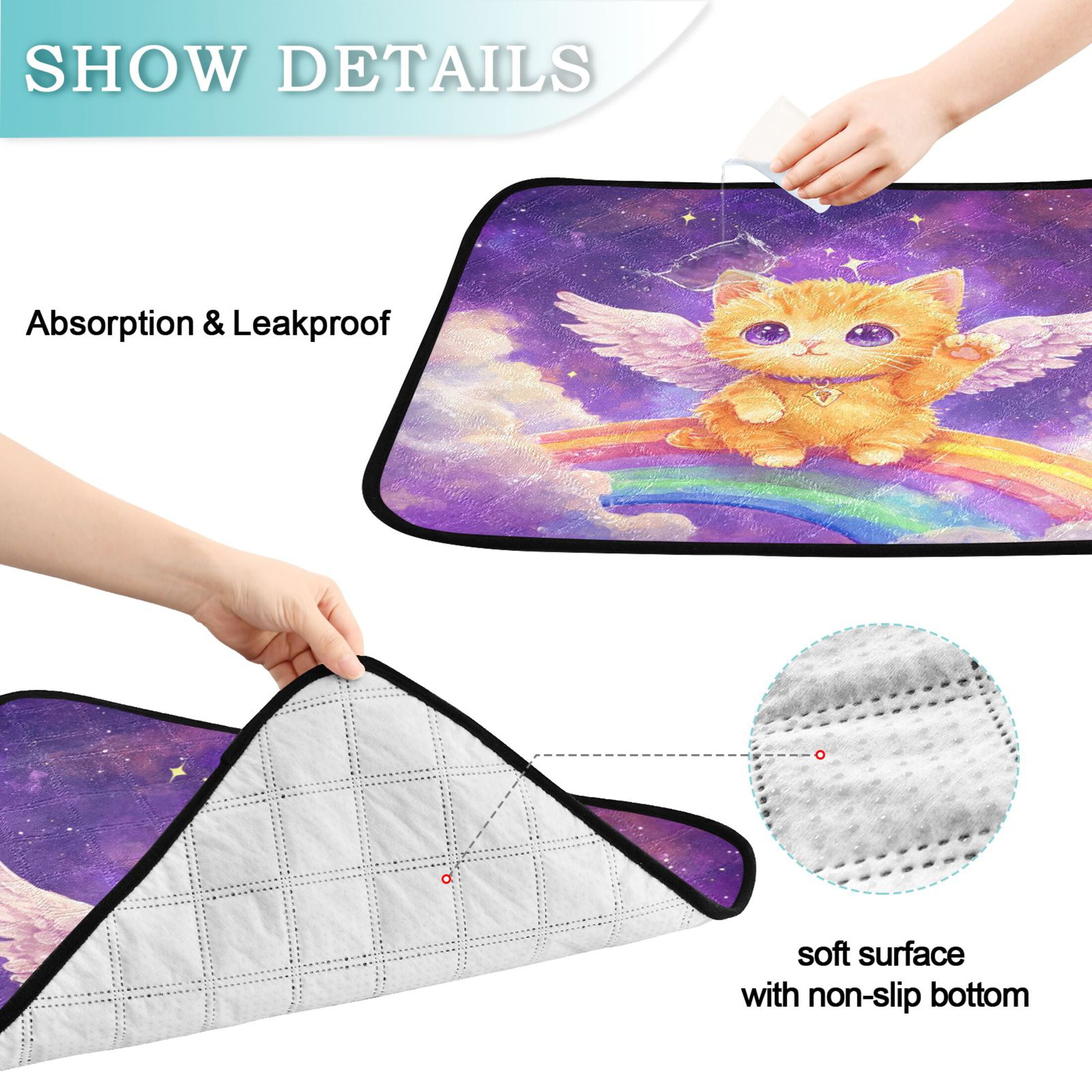 Qxltty Rainbow Angel Cat Cat litter Pads Pet Set of 3 Diaper Mats Center Anti-leakage Layer Absorbent Soft and Comfortable