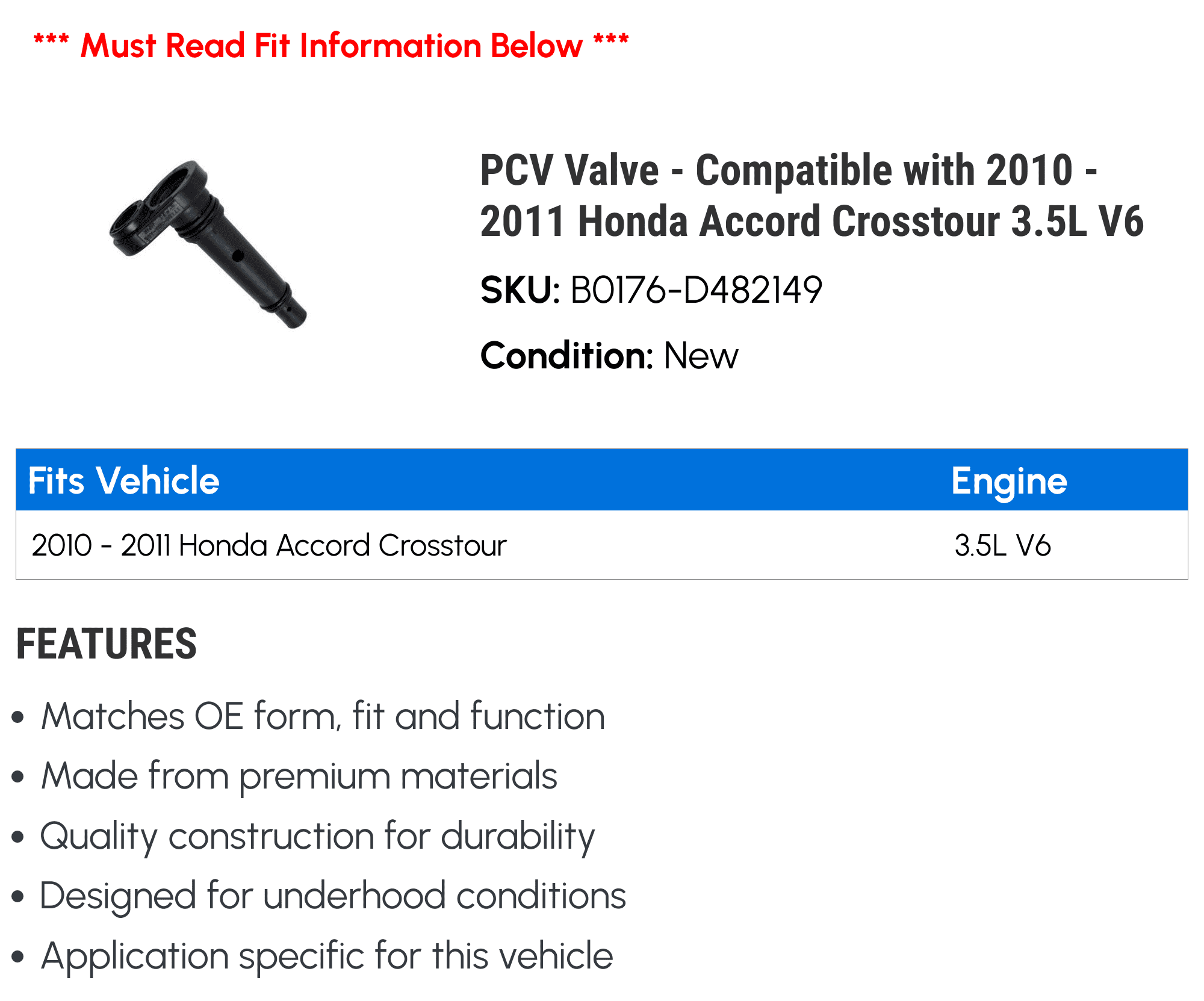 PCV Valve - Compatible with 2010 - 2011 Honda Accord Crosstour 3.5L V6 - Beck Arnley