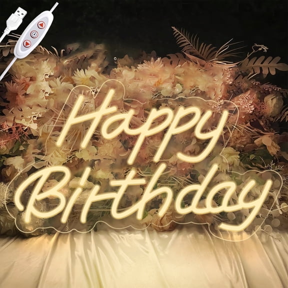Small-sized birthday neon sign with dimmable brightness. Plug & play via USB, warm light boosts ambiance. Portable and versatile for party wall decoration.