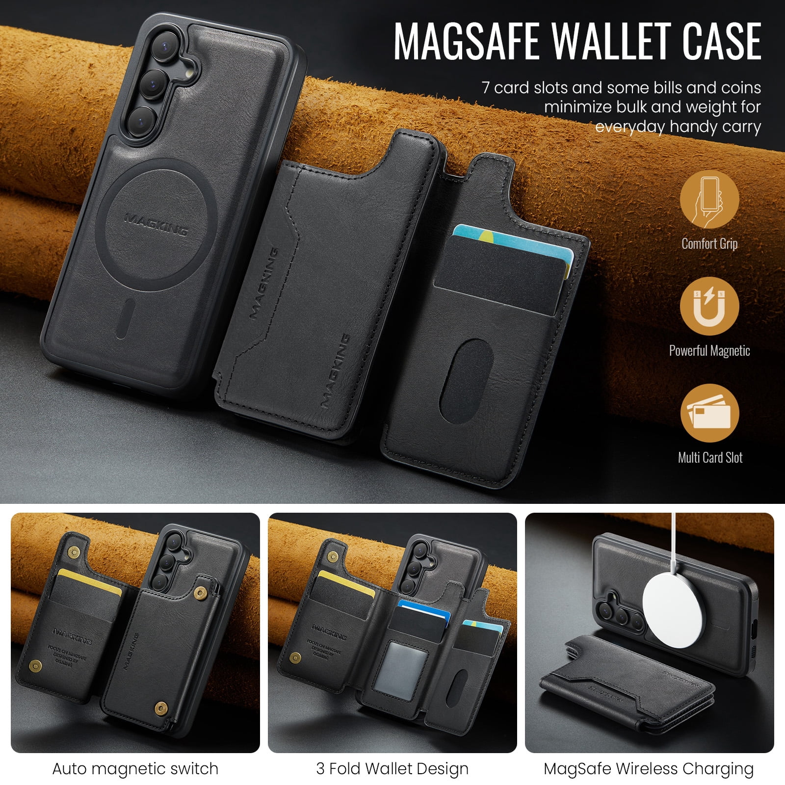 Designed for Samsung Galaxy S25 Wallet Phone Case,Magnetic Detachable Flip Card Holder,Back Flip Kickstand,Compatible with Mag-Safe,2-in-1 PU Leather Heavy Duty Shockproof Phone Case,Black