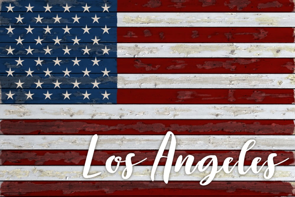 Los Angeles, California, Distressed American Flag (9x12 Wall Art Print