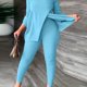 thumbnail image 1 of Conjunto de dos piezas casual sólido, camiseta de manga corta dividida y pantalones ajustados de cintura alta, ropa de mujer, 1 of 4