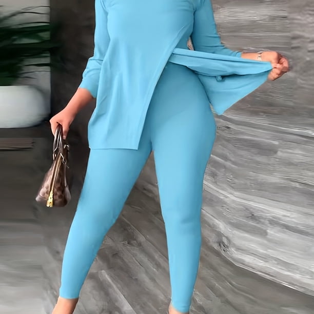 Conjunto de dos piezas casual sólido, camiseta de manga corta dividida y pantalones ajustados de cintura alta, ropa de mujer