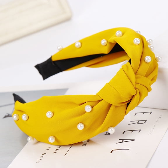 Headbands for Women Fashion Bow Knot Beading Hairband Hair Head Hoop Sweet Hair Elastic HeadBand Yellow