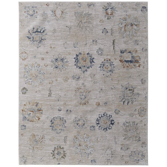 HomeRoots 567600 5 x 8 ft. Floral Power Loom Worn Faded Rectangle Area Rug with Fringe, Ivory, Taupe & Blue