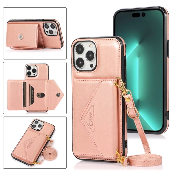 ELEHOLD Crossbody Luxury Wallet Case for iPhone 14 Pro Max 6.7" with Card Slots, Magnetic Button Detachable Shoulder Strap Purse Phone Case, Rosegold