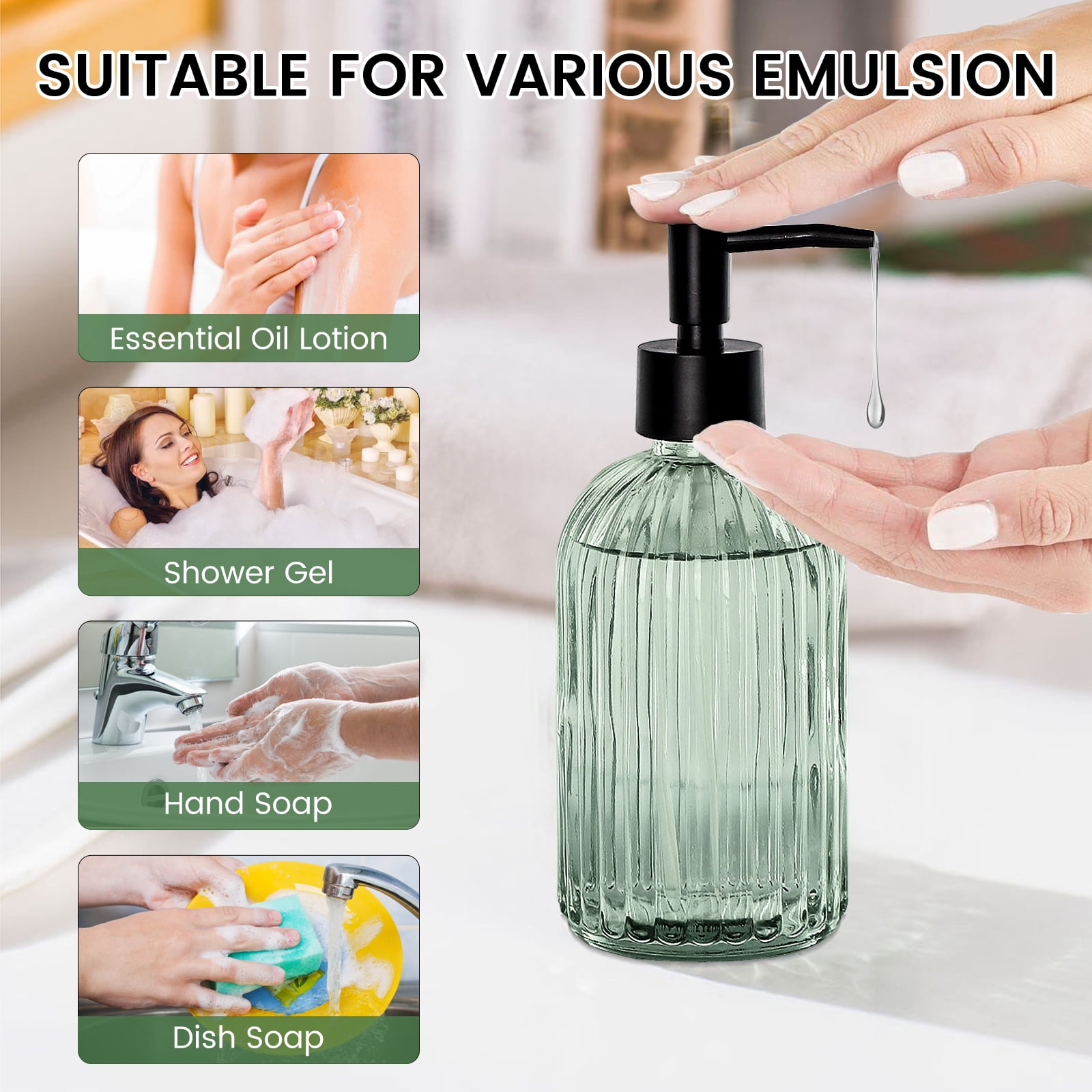 Vintage Ribbed Green Glass Dispenser, 13oz Large Capacity, Multi-Purpose Emulsion/S soap Dispenser (Suitable for Essential Oil Lotion, Shower Gel, Hand Soap, etc.)