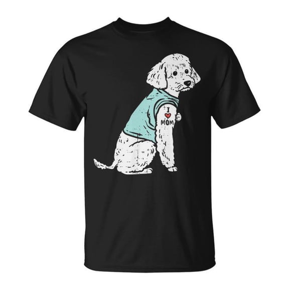 Poodle I Love Mom Tattoo Style Graphic Tee Unisex Adult Cotton Casual Cute Pet Lover T-Shirt for Dog Owners and Animal Enthusiasts, Size 5XL, Color Black