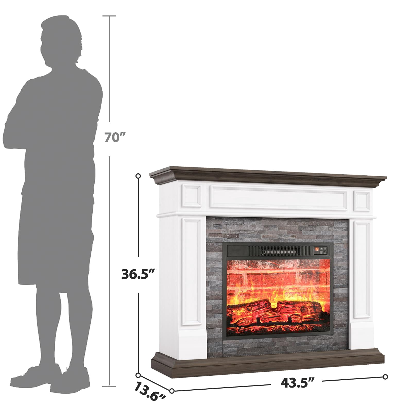 Holliwill Electric Fireplace Mantel, 44" Freestanding Fireplace Heater with Stacked Stone Surround Firebox, 1400W, White Brown