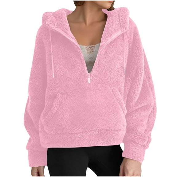 Womens Fleece Sweatshirts Half Zip Cropped Pullover Fleece Quarter Zipper Hoodies Fuzzy Warm Sherpa Pullover Varsity Jackets Fall Fashion Outfits Clothes