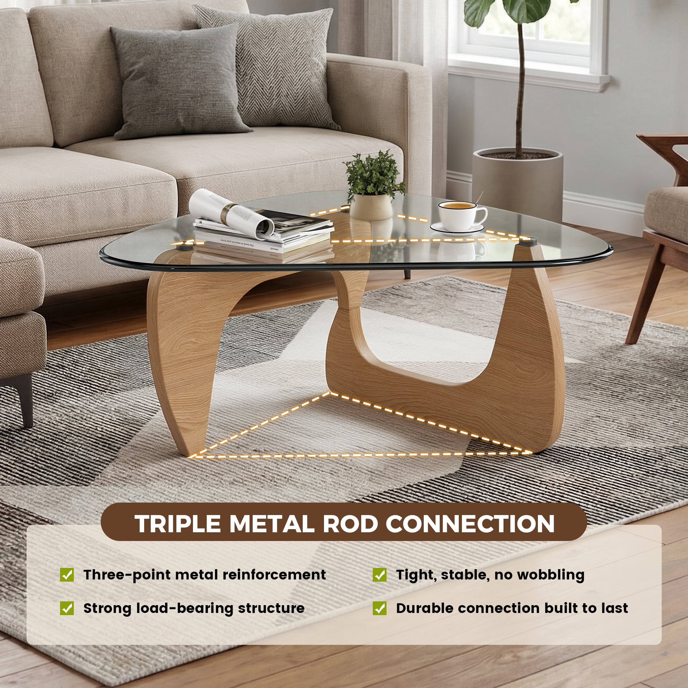 Daluvenix Modern Glass Coffee Table Triangle Coffee Table for Living Room with Glass Top and Wood Base