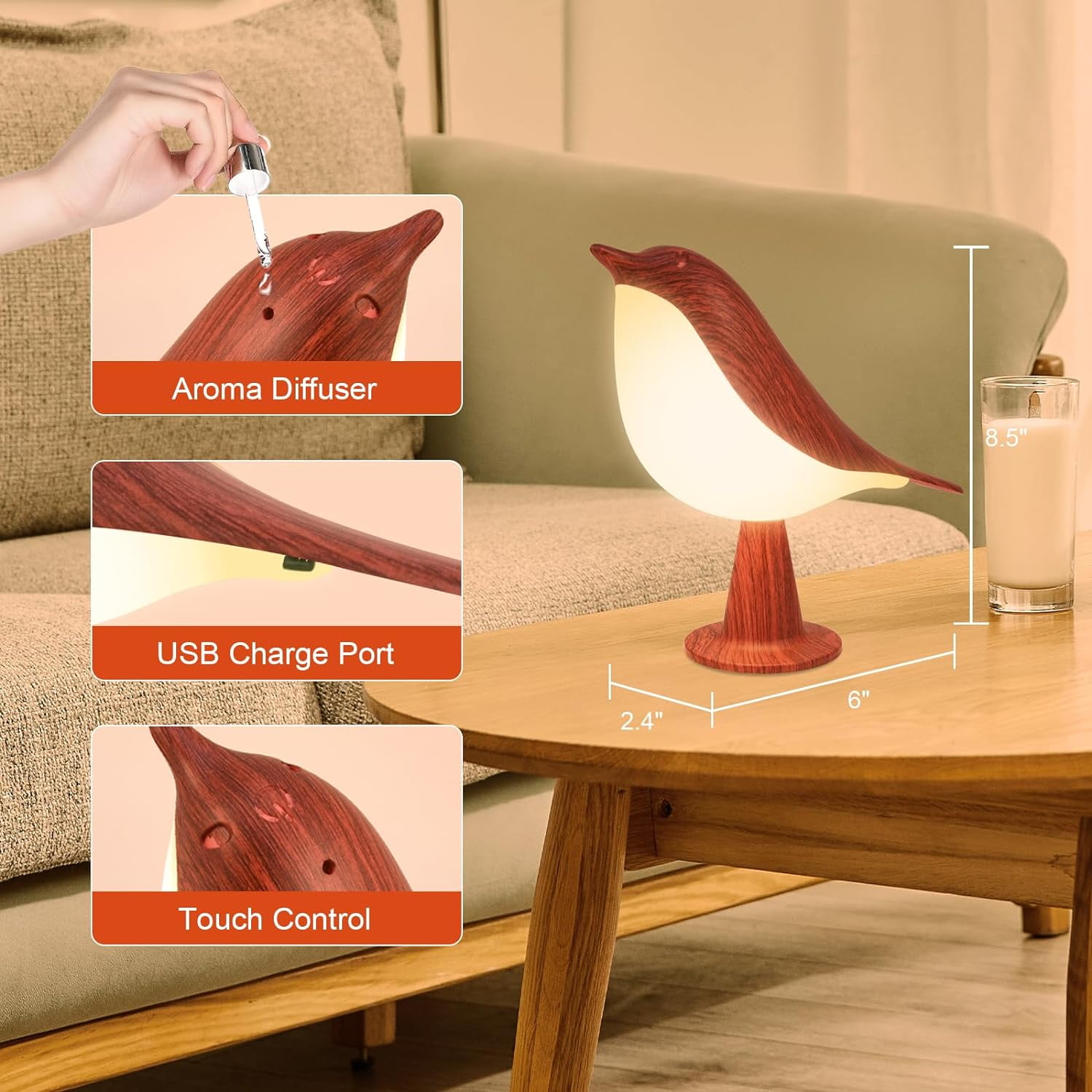 Table Lamp, Touch Control Bird Lamps, Bedside Lamp, Brid Night Light, Cordless Small Desk Lamps Battery Operated Nightstand Lamp, 3-Way Dimmable Light, Rechargeable Decorative Desk Lamp