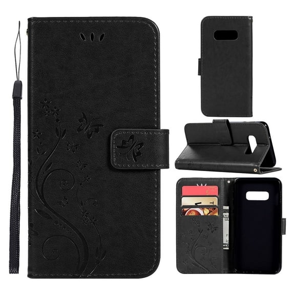 S10e Case, Samsung Galaxy S10e Case - Allytech Premium Wallet PU Leather with Fashion Embossed Flower Magnetic Clasp Card Holders Flip Cover with Hand Strap, Black
