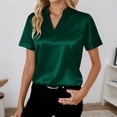 thumbnail image 2 of Summer Womens Casual Blouse Solid Color Loose Fit Shirt Top Versatile Basic Elegant Style Short Sleeve V Neck Dark Green M, 2 of 5