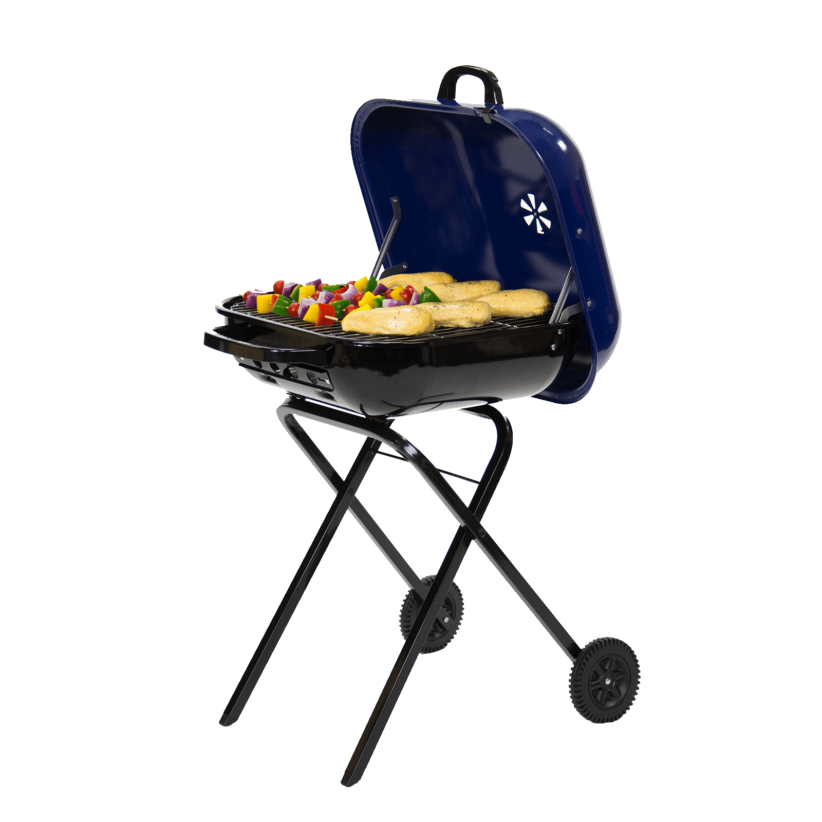 Americana Walk-A-Bout Charcoal Grill, Original Square 100% Pre-Assembled Portable Steel, Dark Blue