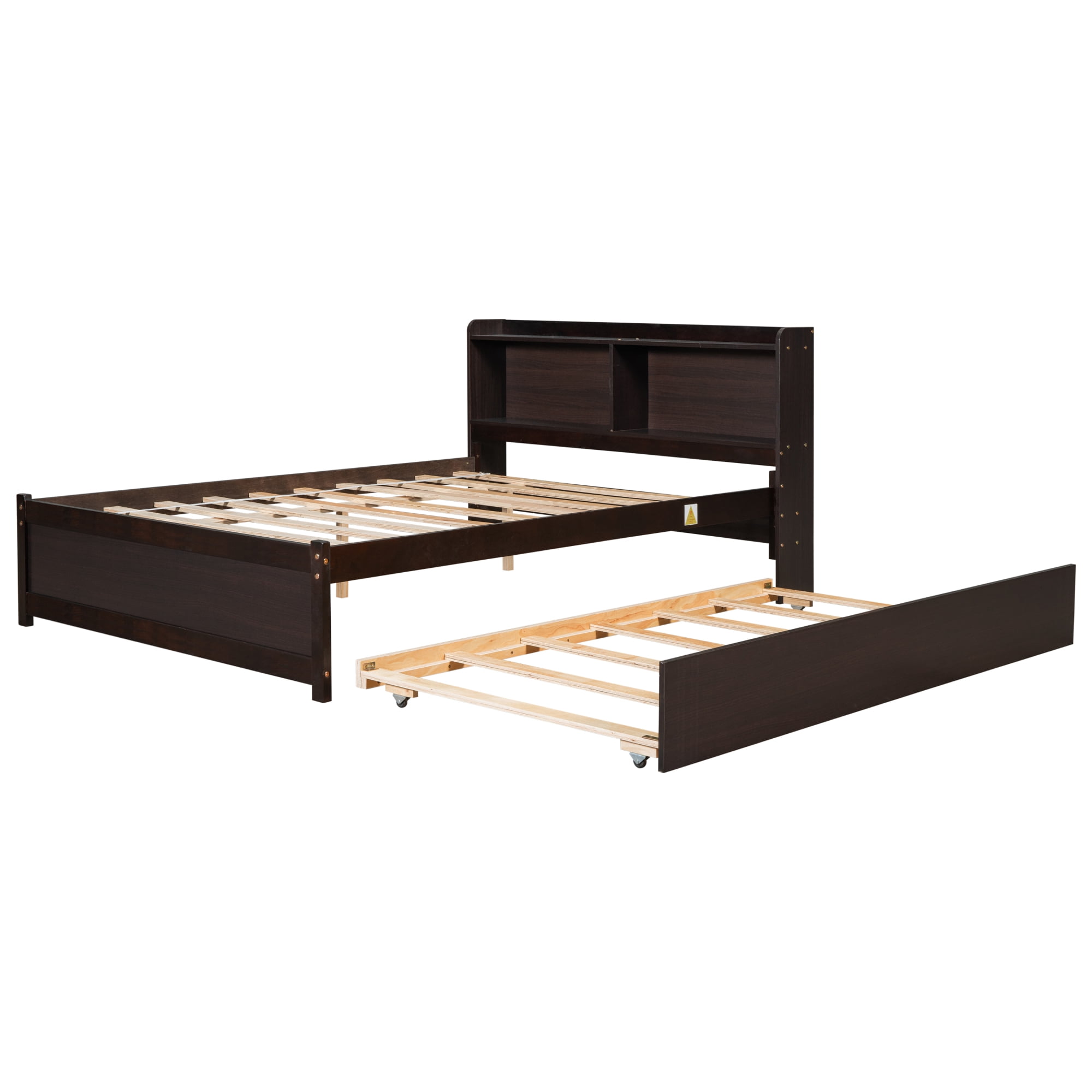 Leumius Full Size Bed with Trundle and Bookcase Headboard for Boys Girls Espresso