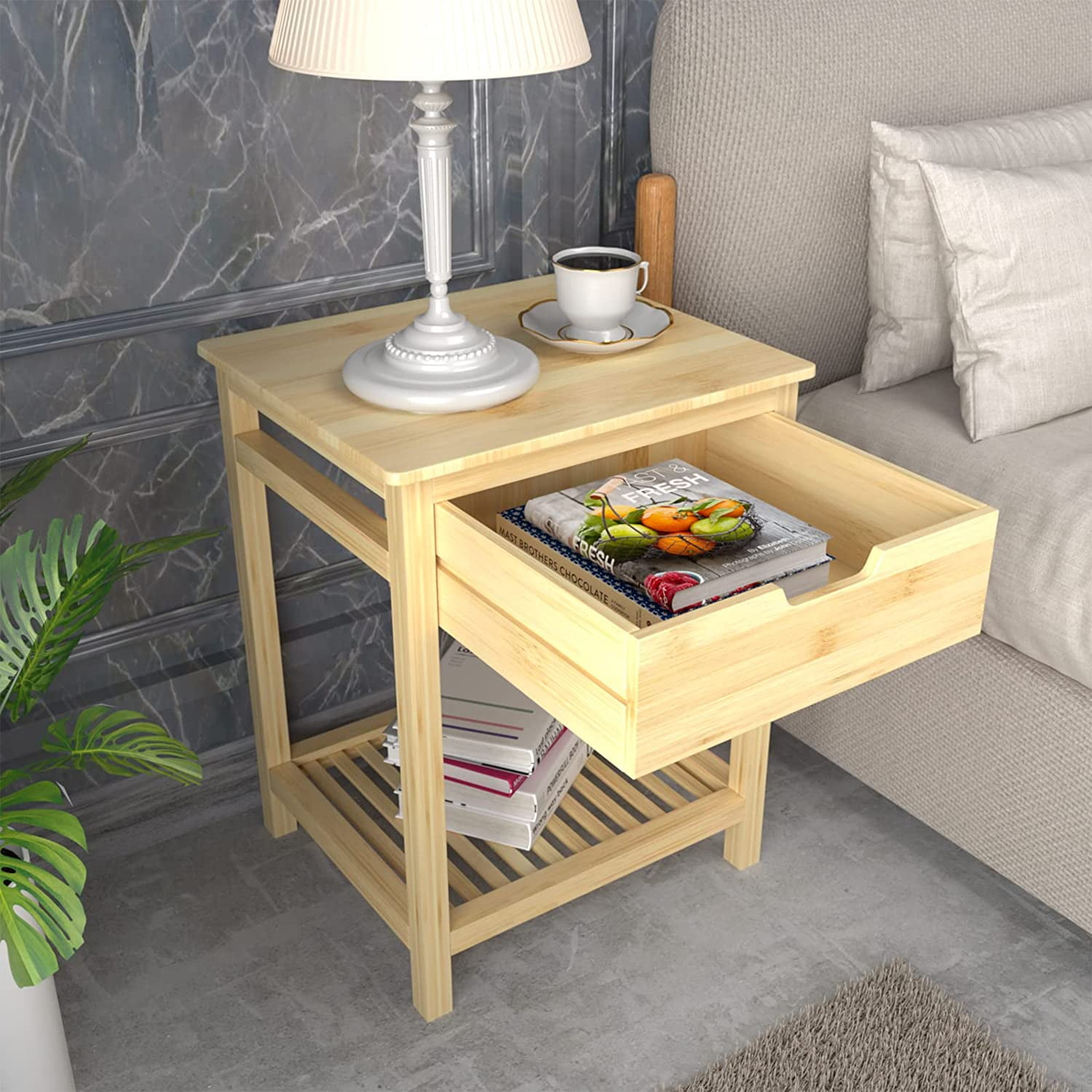 Kadyn Bamboo Side Table, End Table with Storage Shelves, Tall Nightstand Bedside Table for Living Room Bedroom Office, Nature