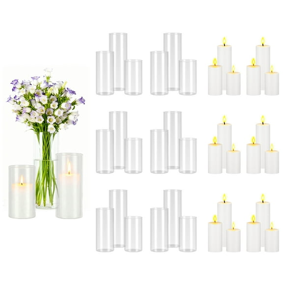 KFFKFF Pillar Candles and Glass Vases Set 36 Pcs, Clear Cylinder Hurricane Candle Holders for Wedding Centerpieces