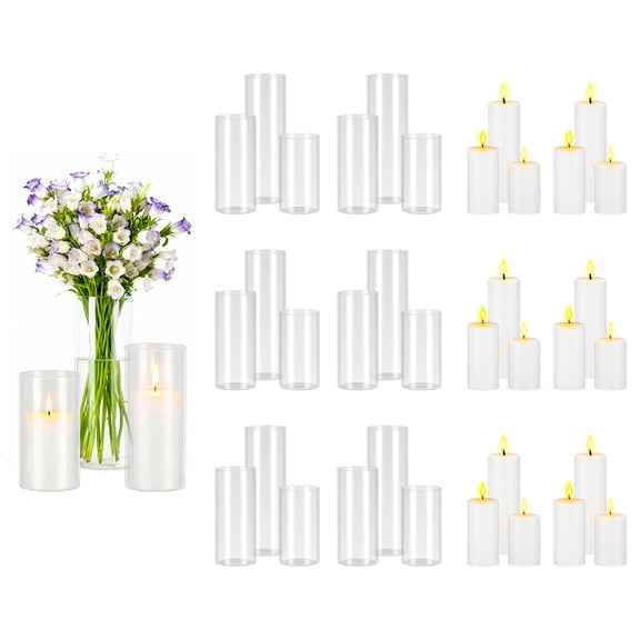 KFFKFF Set of 36 Pillar Candles and Glass Vases, Clear Cylinder Hurricane Candle Holders for Wedding Decorations, Elegant Tall Vases for Table Arrangements, Events, White (2.56" x 4.7", 5.9", 7.9")