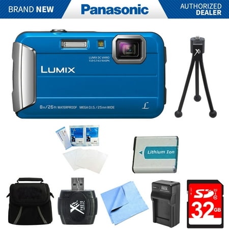 Panasonic LUMIX DMC-TS30 Active Tough Blue Digital Camera 32GB Bundle w/ Camera, 32GB Card, Compact Bag, Battery, Card Reader, Battery Charger, Mini Tripod, Screen Protectors, and Micro Fiber