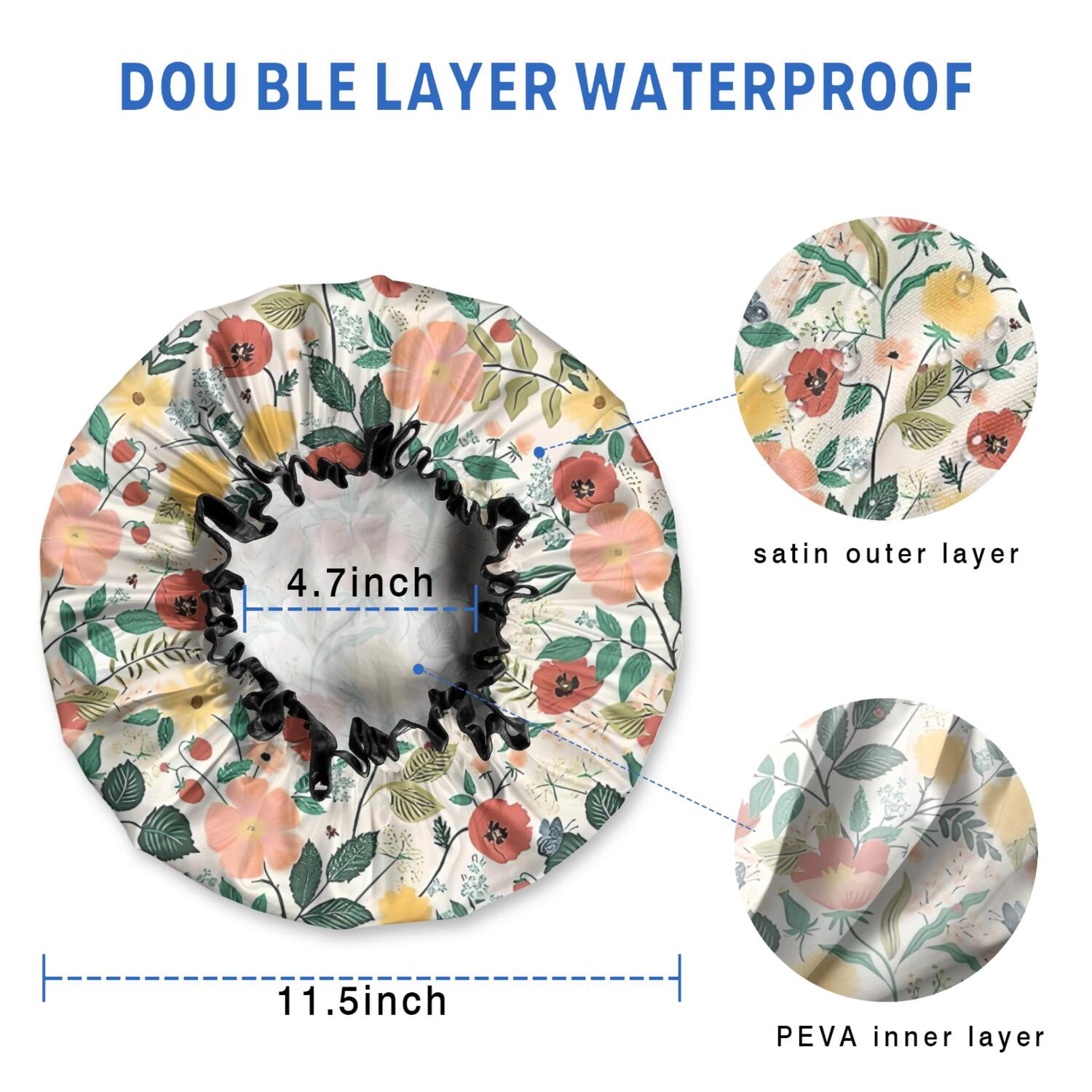 Shower Caps,Pioneer Flower Floral Print Pattern Waterproof Shower Cap for Women 4 Pieces,Double Reusable Hair Cover for Shower PEVA Elastic Stretch Hem