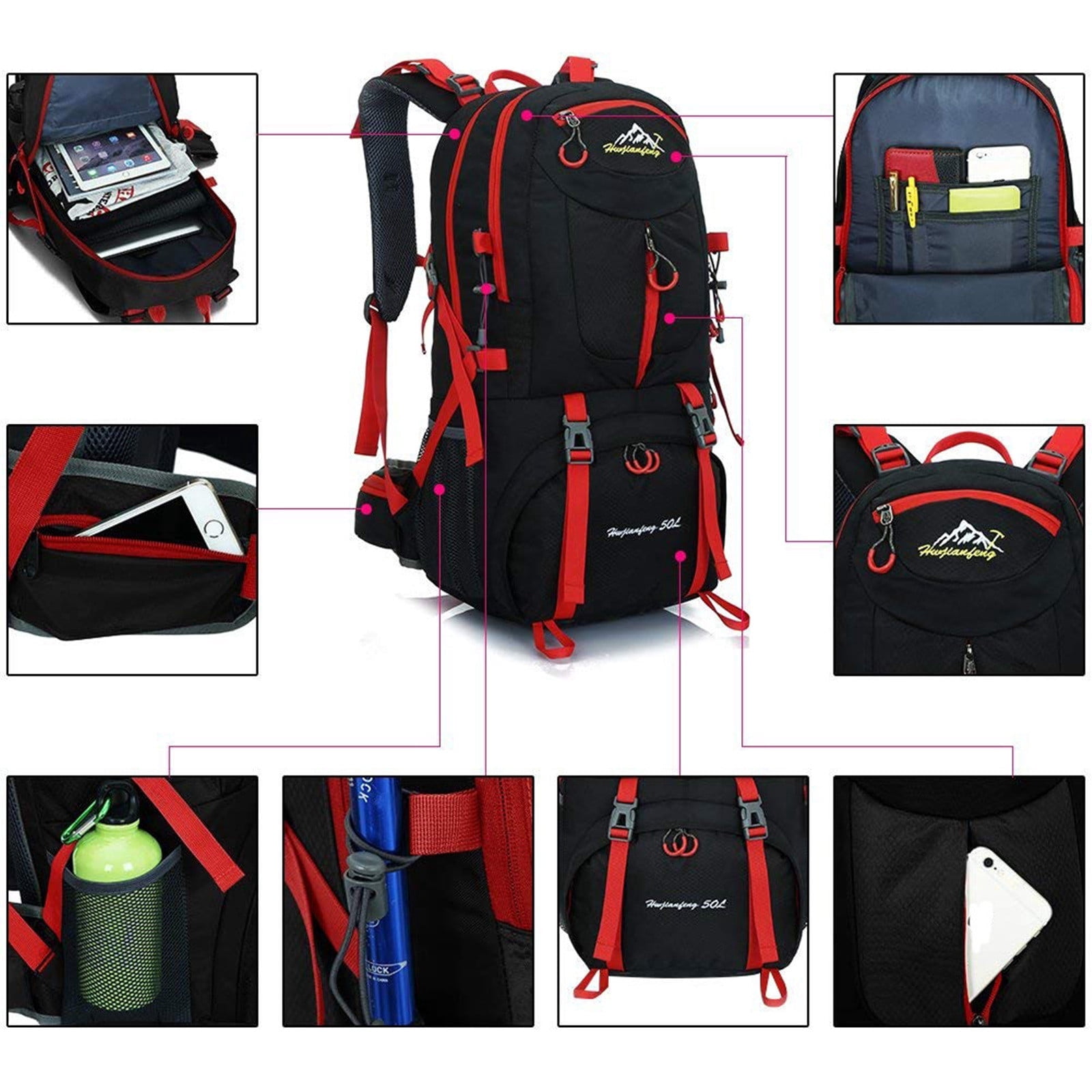 Hiking Backpack, 50L Large Capacity Lightweight Travel Backpack with Breathable Mesh Straps & Tear-Resistant Fabric, Camping Backpacking Gear for Men Women, 21.65x12.6x7.87in