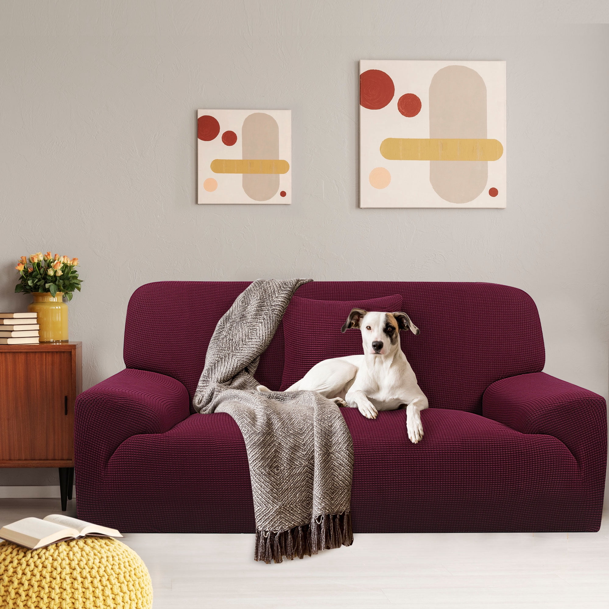 PiccoCasa Jacquard Sofa Covers Strech Thick Couch Slipcover, Burgundy 2 Seater (53" - 67")