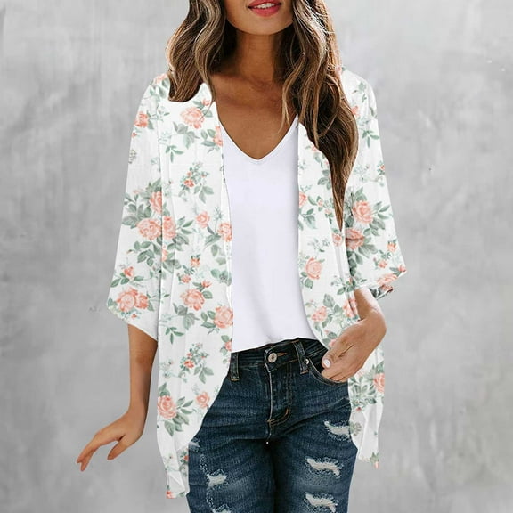 Mqqzkk Women's Thin Cardigan Flower Printed Shacket 3/4 Sleeve Collared Business Casual Tops Work Blouses