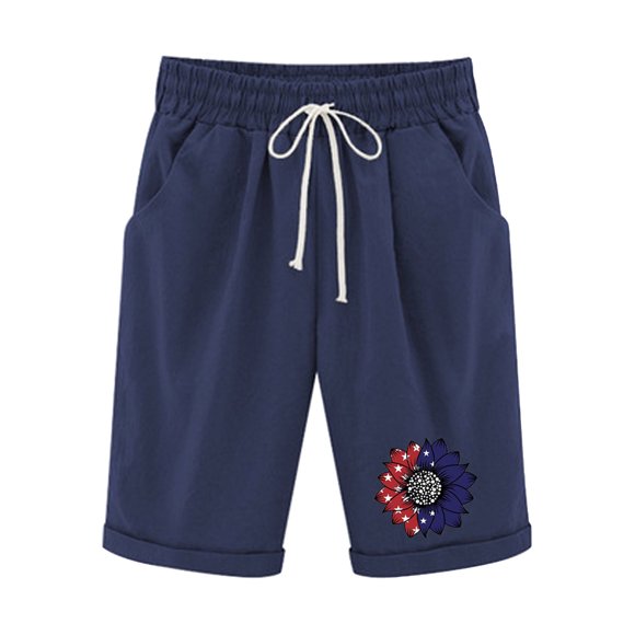 Pantalones Cortos Casuales para Mujer Día de la Independencia Impreso Elástico de la Cintura, Pantalones Cortos de Verano para Mujeres