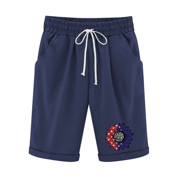 Pantalones Cortos Casuales para Mujer Día de la Independencia Impreso Elástico de la Cintura, Pantalones Cortos de Verano para Mujeres