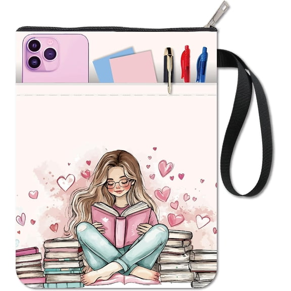 Reading Book Protector Waterproof Book Pouch Cloth Washable Heart Notebook Paperback Sleeve Cover Bag with Zipper and Extra Front Pocket