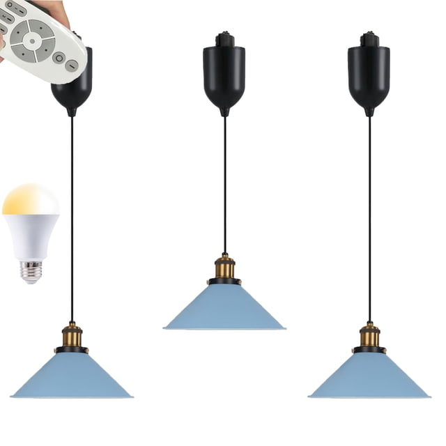 FSLiving Adjustable Levitate Track Pendant Light H-Type Retractable Lift Track Lamp with Blue Metal Shade Remote Control Dimmable Color Changing Light for Kitchen Island Living Room - Set of 3