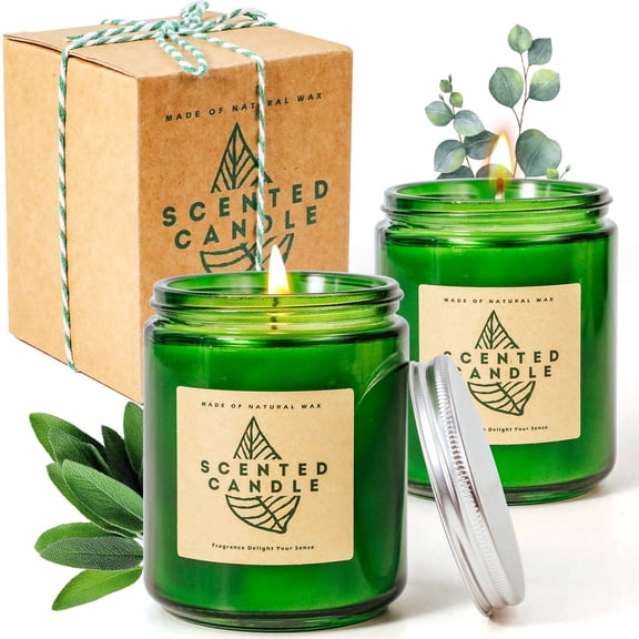LA BELLEFEE Herbal Green Bottle Eucalyptus Sage Scented Candle, Clean Burning, Soy Wax, Glass Jar Design (2-Piece Set)