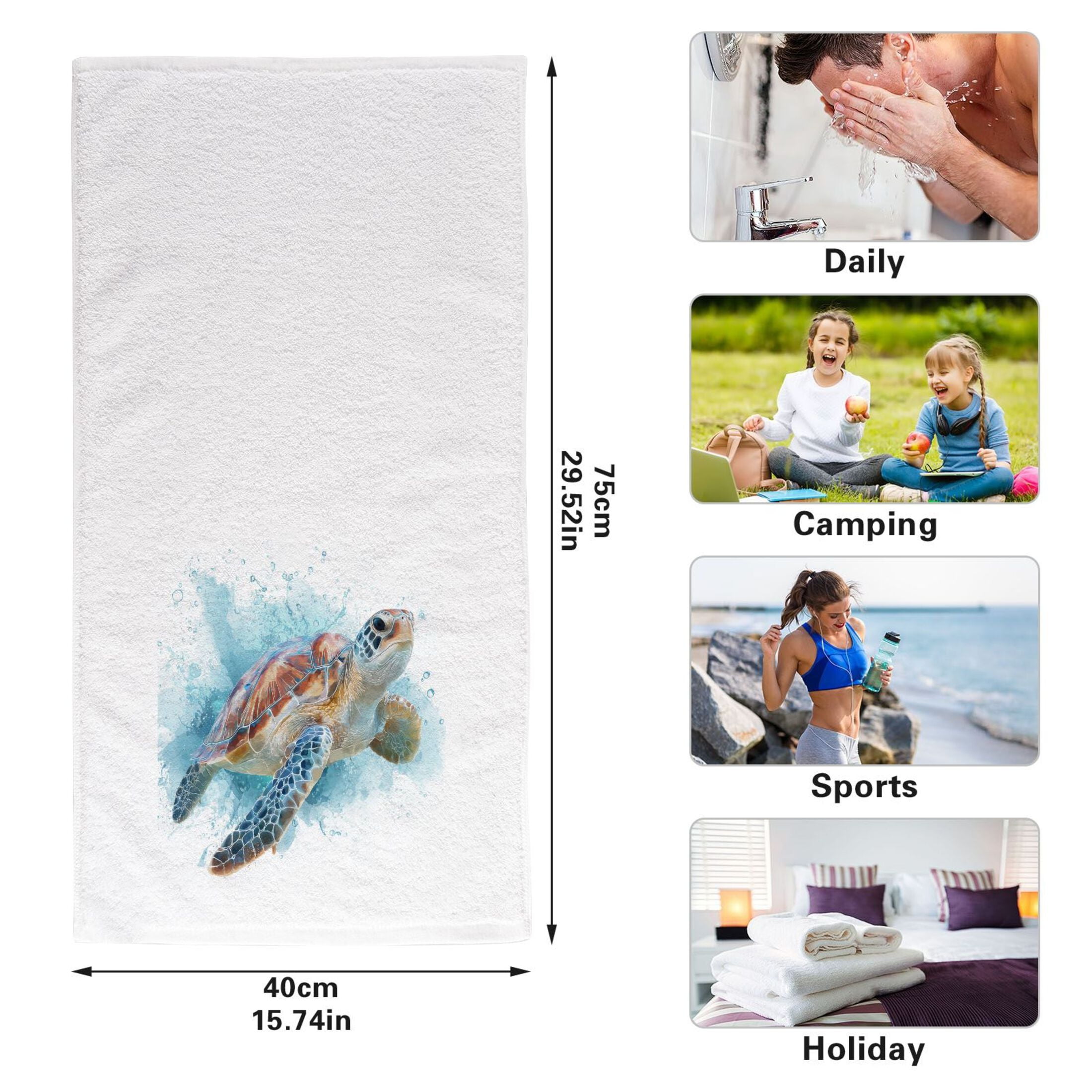 Sea Turtle Swim Watercolor Splash Style Pure Cotton Towels Bath Towel Quick Drying for Bathroom Beach Sports 16" x 30" Set of 2