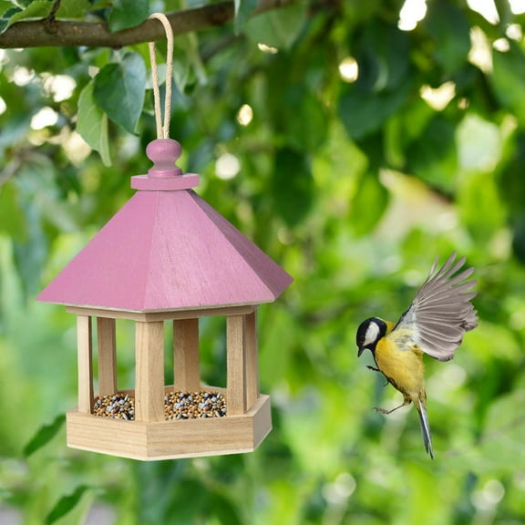 2024 New Upgrade Wooden Bird Feeder Hanging For Garden Yard Decoration Hexagon Shaped With Roof Clearance