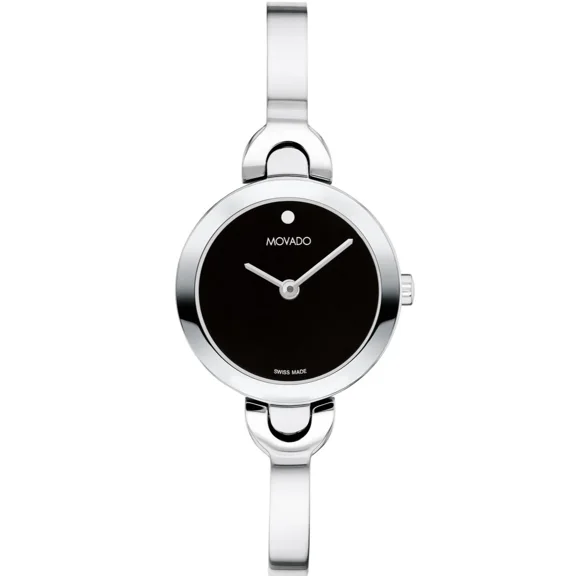 Movado Intrigue 0607947 Black Dial Silver Stainless Steel Bangle Women Watch