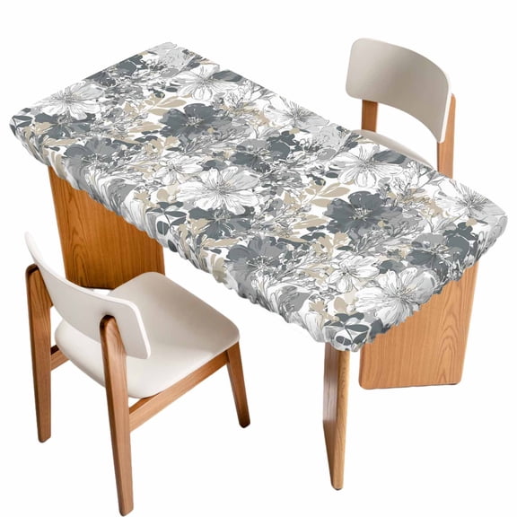 Spring Botanical Table Cloths for 3 Foot Rectangle Tables, Country Floral Leaves Gray Brown Patio Waterproof Elastic Fitted Tablecloths, Washable Rectangular Table Cover for Camping