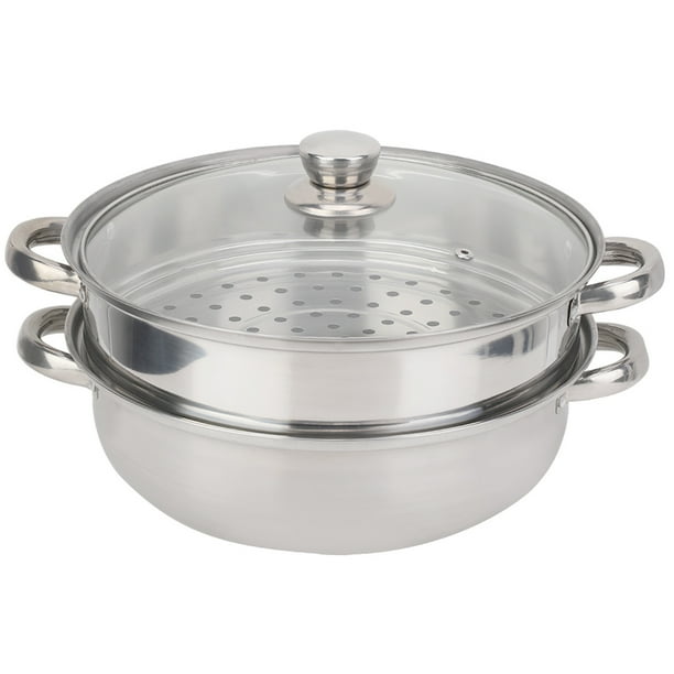 Olla Vaporera De Acero Inoxidable De 27cm De 2 Capas Con Tapa De Vidrio, Para Cocinar Y Vaporizar