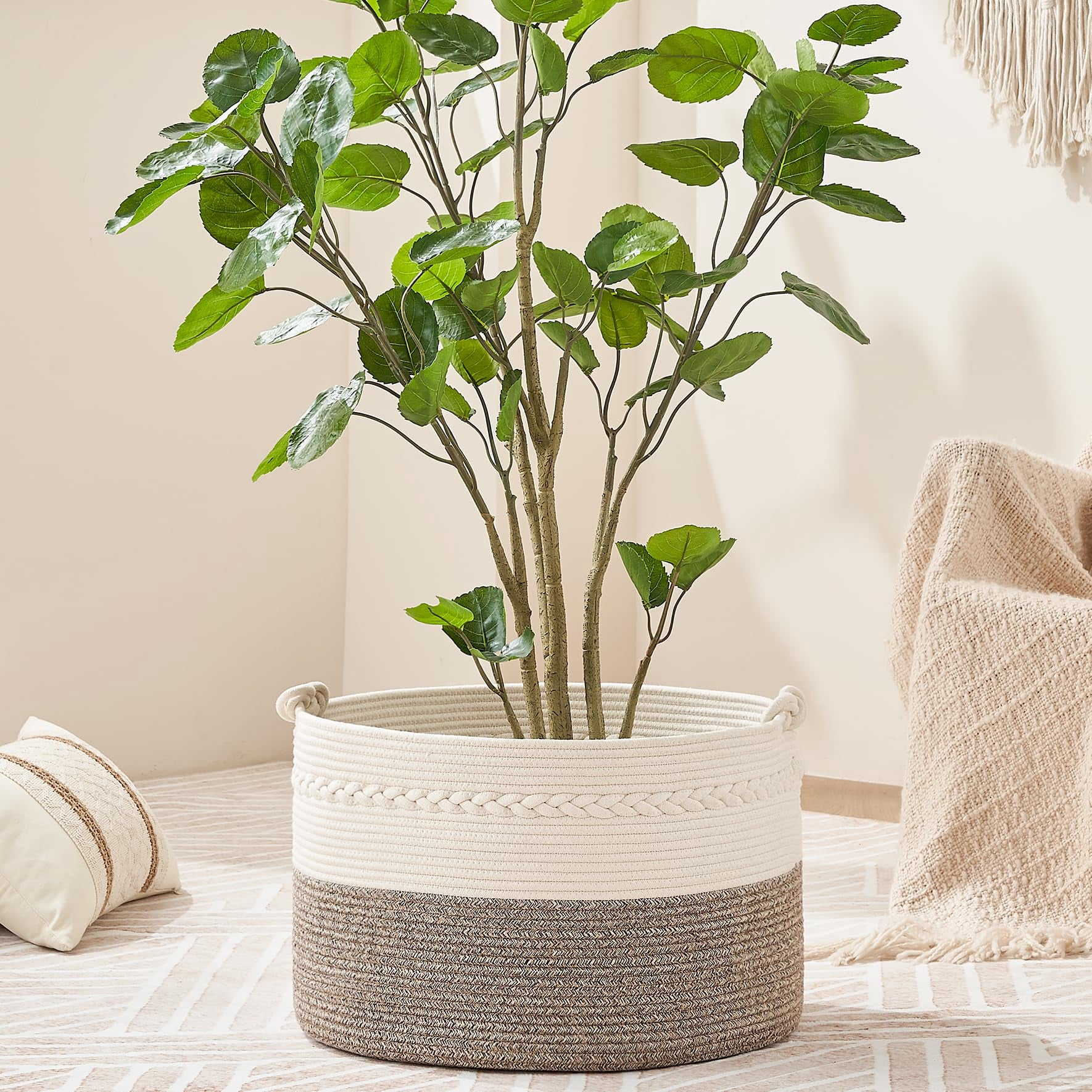 Large Blanket Basket (20"x13"),Woven Baskets for storage Baby Laundry Hamper, Cotton Rope Blanket Basket